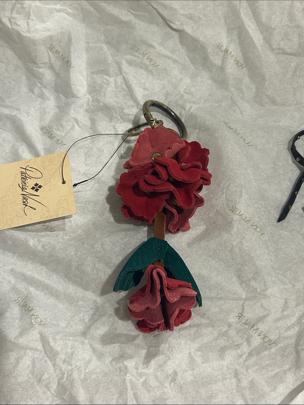 Patricia Nash Red Floral Leather Key & Card Holder with Green Leaves